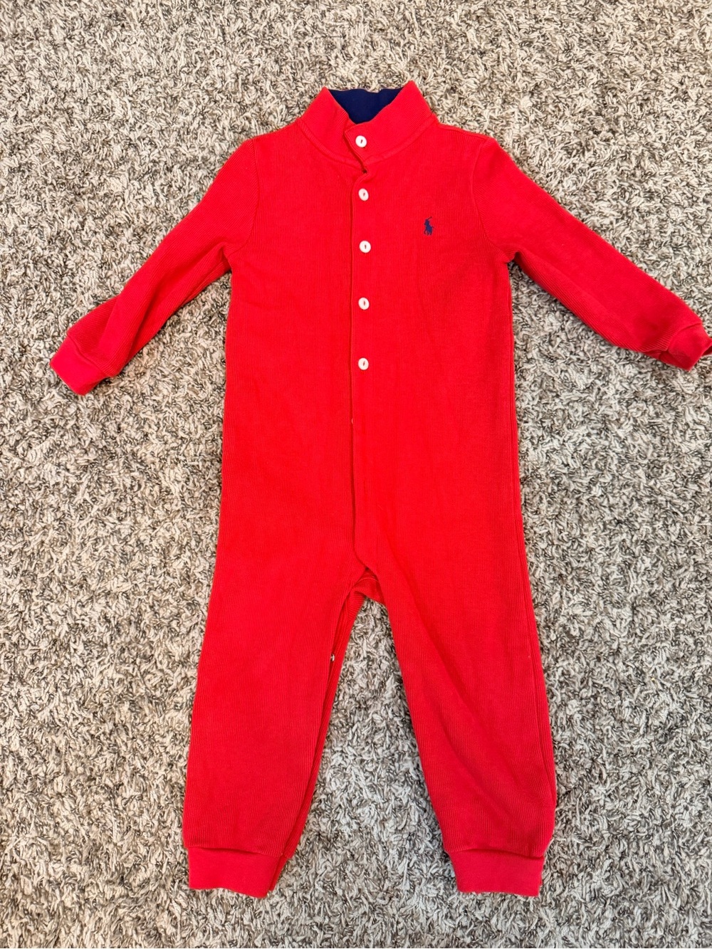 Ralph Lauren Red Long-Sleeve Baby Footie with Navy Logo Trim